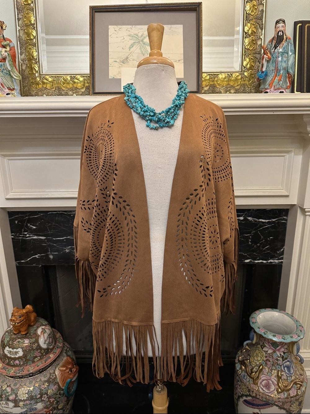 Ultra-suede Fringe Open-Front Poncho in light brown